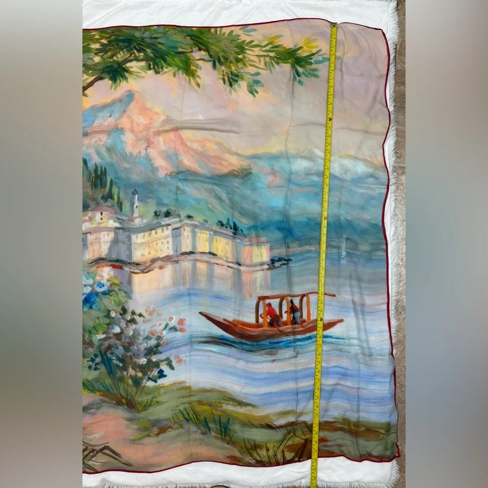 Massimo Ravinale Artistic Silk Scarf with Red Trim